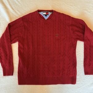 Vintage Tommy‎ Hilfiger Sweater Men's Large Red Cable Knit Embroidered Crest